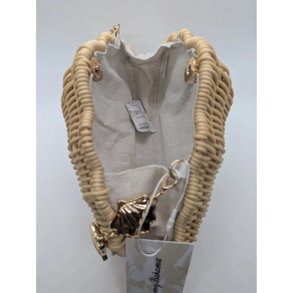 NEW Tommy Bahama Woven Shell Clutch Bag Natural Tan Gold Shell Chain WW0001